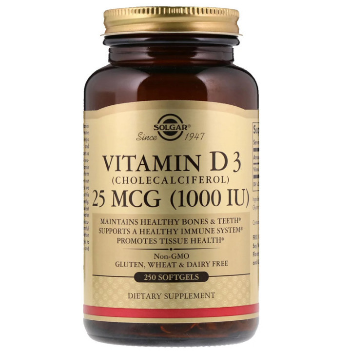 Natural Vitamin D3 (Cholecalciferol) 1000 IU 250 kapsułek, Solgar – witamina D3 wspierająca zdrowe kości oraz zęby!