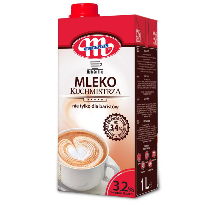 Mleko Kuchmistrza 3,2% 1000ml, Mlekovita – podwyższona zawartość białka, aż 3,4% pozwala stworzyć idealną kremową piankę na kawi
