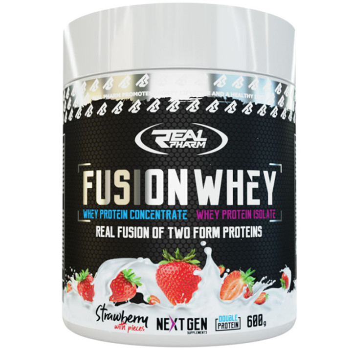 Fusion Whey 600g, Real Pharm – przepyszny mix białek koncentratu oraz izolatu 50/50 z kawałkami pysznych owoców!