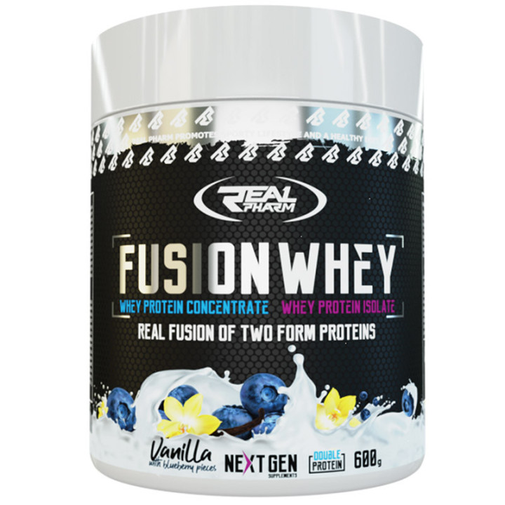 Fusion Whey 600g, Real Pharm – przepyszny mix białek koncentratu oraz izolatu 50/50 z kawałkami pysznych owoców!