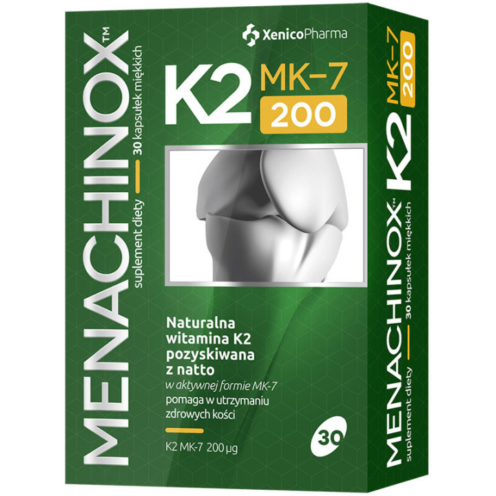 Menachinox K2 MK-7 200 30 kapsułek, Xenico Pharma – naturalnia witamina K2 MK-7 pozyskiwania z sfermentowanego produktu soi – Na