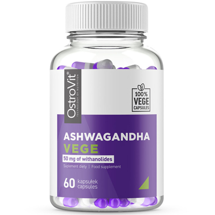 Ashwagandha Vege 60 kapsułek, Ostrovit – ekstrakt z całej rośliny ashwagandhy standaryzowany na ponad 7% witanolidów!