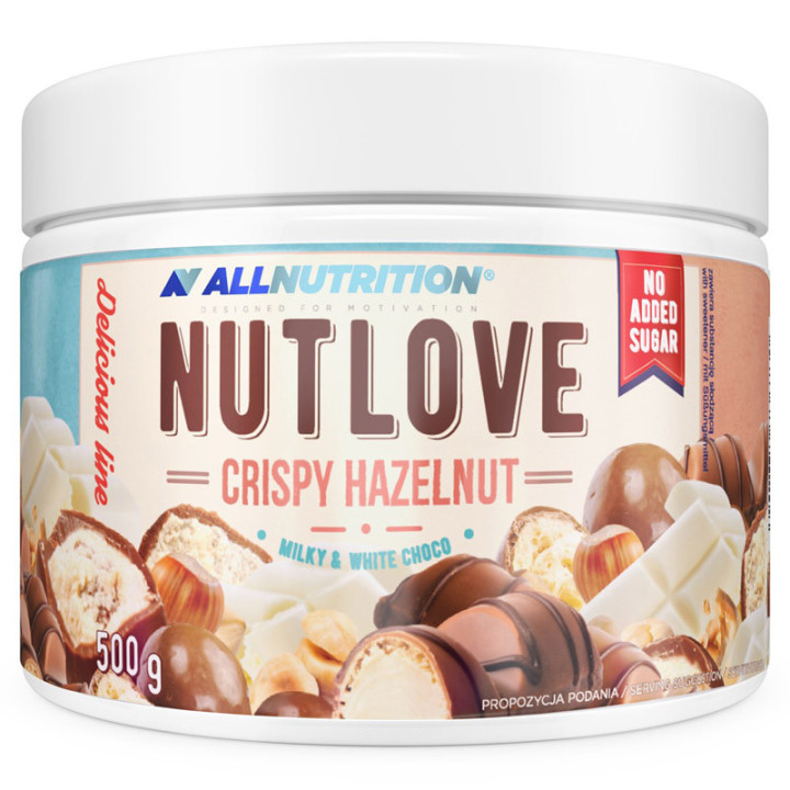 Nutlove Crispy Hazelnut 500g, Allnutrition – pyszny orzechowy krem z płatkami białej czekolady, bez dodatku cukru!