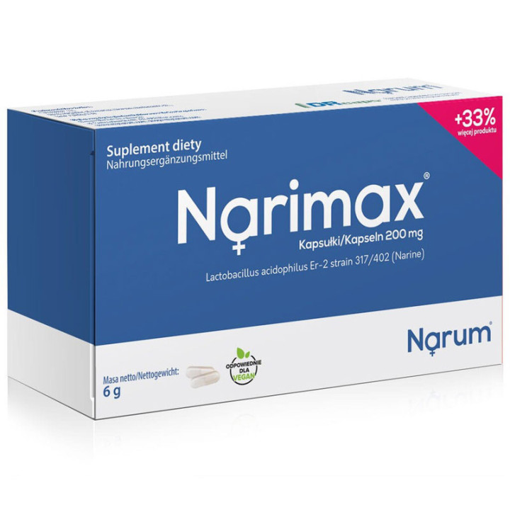 Narimax 200 mg 30 kapsułek, Narine – do utrzymania składu i aktywności biologicznej prawidłowej flory jelitowej u dzieci i doros