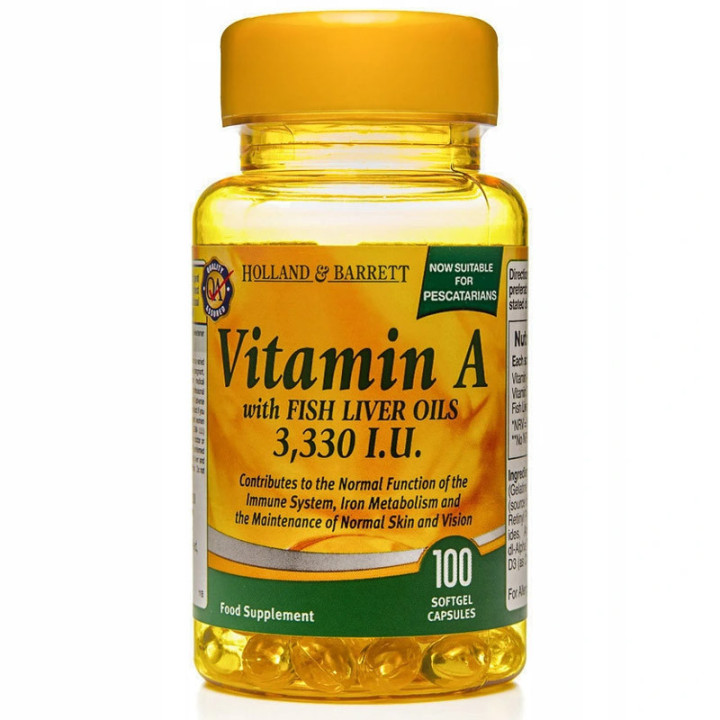 Vitamin A With Fish Liver Oil 3,333 IU 100 kapsułek, Holland & Barrett – olej z wątroby ryb wzbogacony o witaminę A i D!