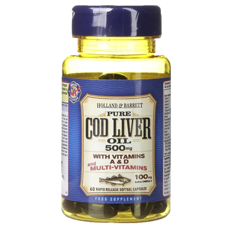 HOLLAND & BARRETT Pure Cod Liver Oil 500mg With Vitamins 60caps