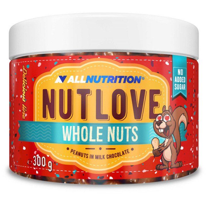 Nutlove Whole Nuts Peanuts In Milk Chocolate 300g, Allnutrition – chrupiąca przekąska w postaci orzeszków w pysznej mlecznej cze
