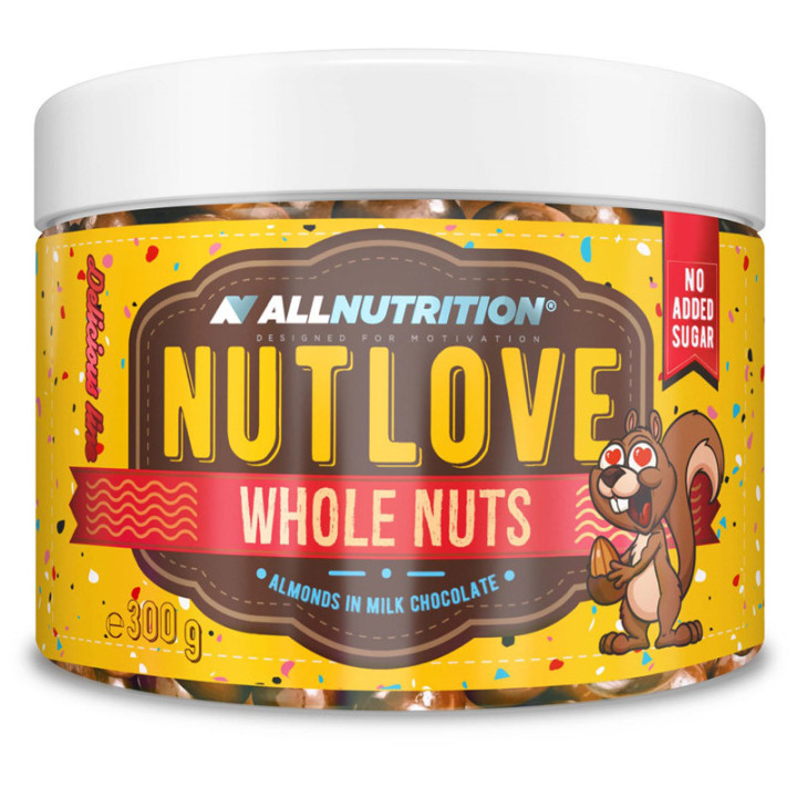 Nutlove Whole Nuts Almonds In Milk Chocolate 300g, Allnutrition – chrupiąca przekąska w postaci migdałów w pysznej mlecznej czek
