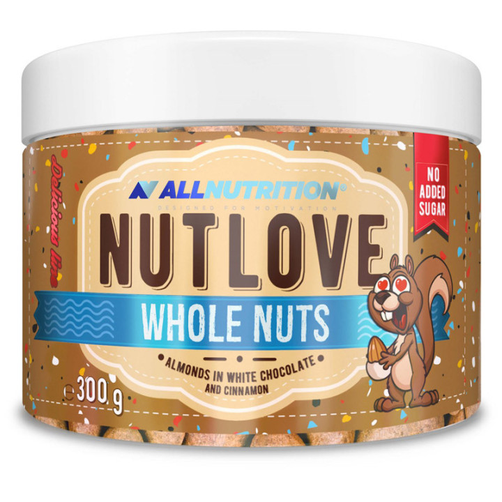 Nutlove Whole Nuts Almonds In White Chocolate And Cinnamon 300g, Allnutrition – chrupiąca przekąska w postaci migdałów w pysznej