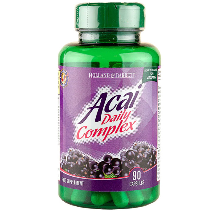 Acai Daily Complex 1000mg 90 kapsułek, Holland & Barrett – ekstrakt z owoców Acai wzbogacony o składniki roślinne i żywe kultury