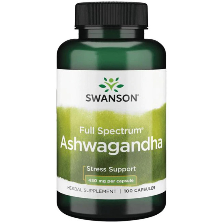 Full Spectrum Ashwagandha 450mg 100 kapsułek, Swanson-wspomaga w walce ze stresem oraz poprawia samopoczucie