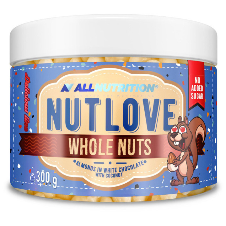 Nutlove Whole Nuts Almonds In White Chocolate With Coconut 300g, Allnutrition – chrupiąca przekąska w postaci migdałów w pysznej