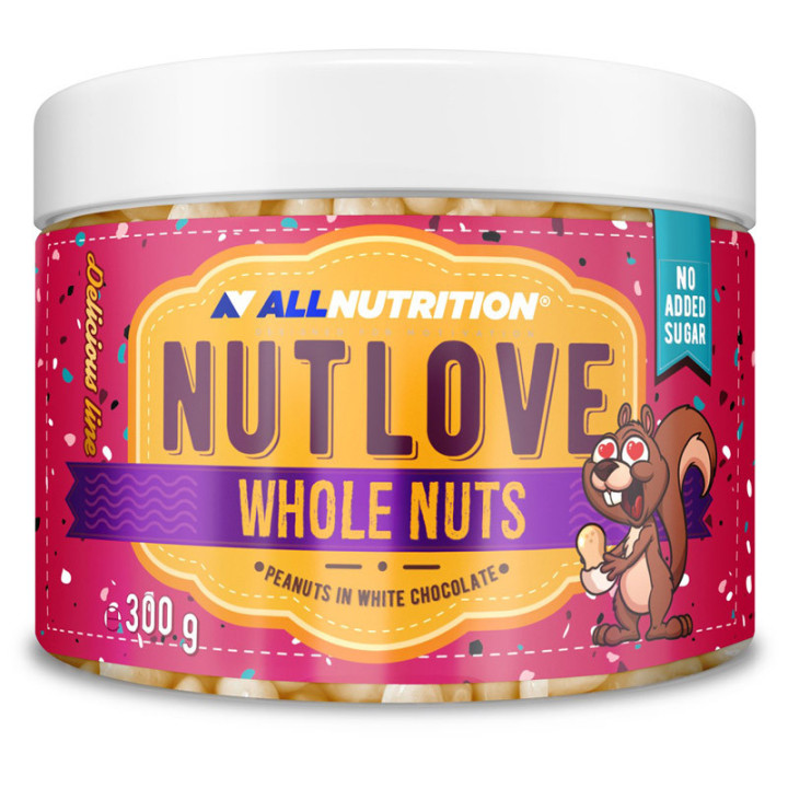 Nutlove Whole Nuts Peanuts In White Chocolate 300g, Allnutrition – chrupiąca przekąska w postaci orzeszków w pysznej białej czek