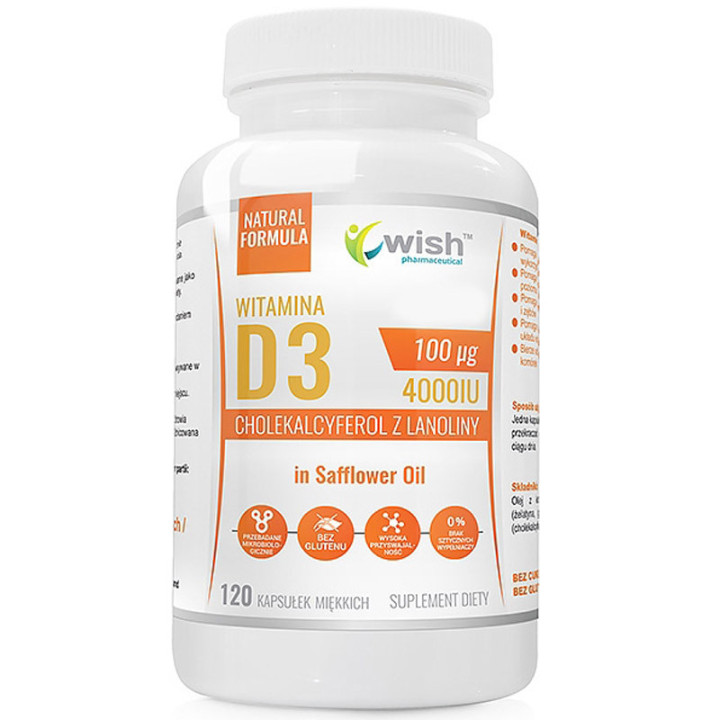 Witamina D3 4000IU Cholekalcyferol z Lanoliny 120c, Wish – witamina D3