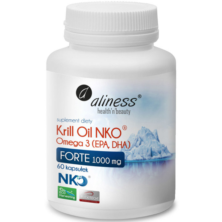 Krill Oil NKO Omega 3 Forte 1000mg 60 kapsułek, Aliness – omega-3 z kryla+astaksantyna i cholina!