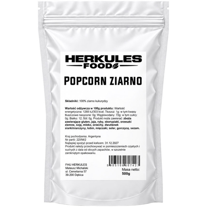Popcorn Ziarno Kukurydzy 500g, Herkules Food - puszysta przekąska na wieczory filmowe i spotkania!