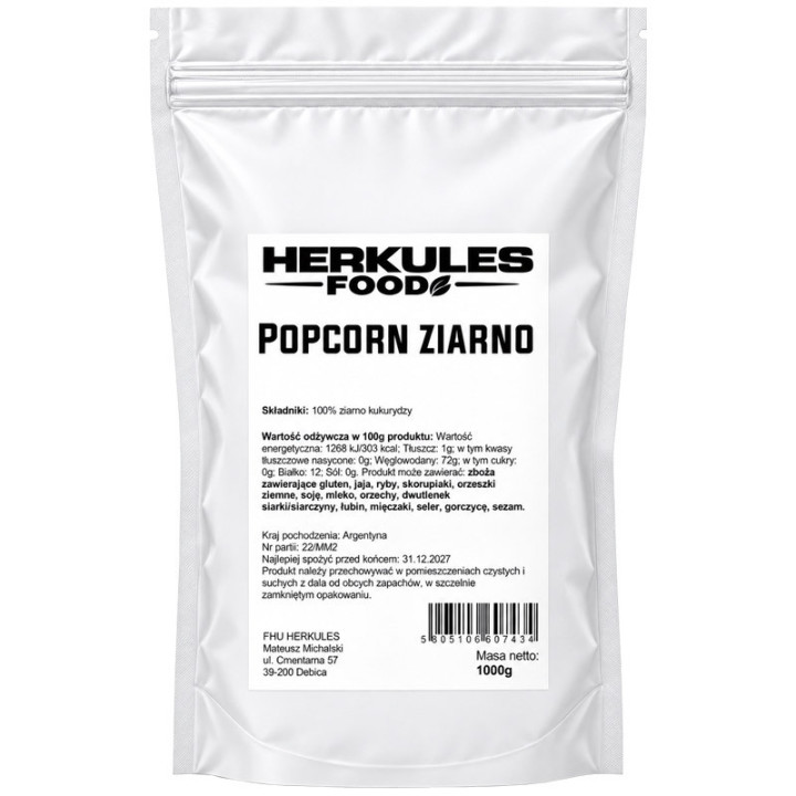Popcorn Ziarno Kukurydzy 1000g, Herkules Food - puszysta przekąska na wieczory filmowe i spotkania!