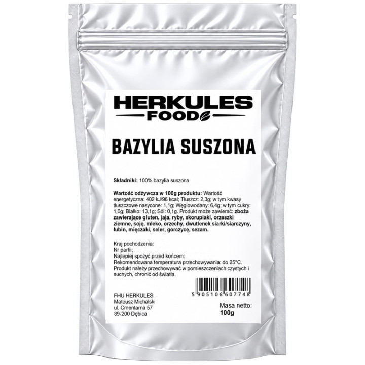 Bazylia Suszona 100g, Herkules Food – aromatyczny, ziołowy zapach, delikatny smak!